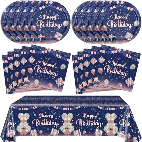 Vista 9 de Juego de 41 piezas de vajilla de decoración de fiesta de cumpleaños azul marino y negro, incluye platos, servilletas, mantel para hombres y mujeres