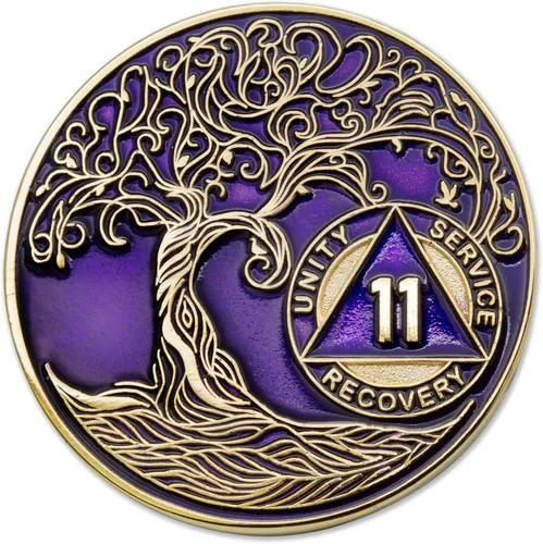 Vista 61 de 1 año Sobriety Mint Twisted Tree of Life Medallón de recuperación AA chapado en oro, chip/ficha - negro