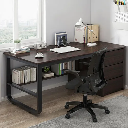 Vista 7 de Escritorio para computadora con estantería y 3 cajones, escritorio de estudio, escritorio de estudio para estudiantes, mesa de estudio moderna