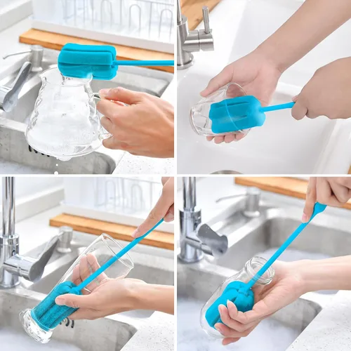 Vista 5 de Cepillo de limpieza de botellas de esponja suave azul azul con mango de plástico, cepillo de lavado de vasos, limpiador de ollas