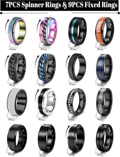 Vista 3 de Besteel 16 anillos de acero inoxidable para hombres y mujeres, anillos para aliviar la ansiedad, cadena fresca, bordes biselados, banda negra celta