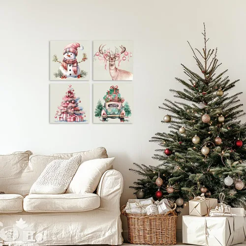 Vista 6 de Arte de Lienzo de Pared de Navidad Rosa - Juego de 4 Muñeco de Nieve, Ciervo, Árbol de Navidad y Camión Póster de Arte de Navidad - Pintura Estética