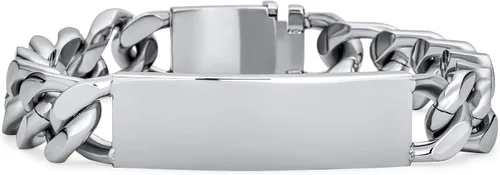 Vista 23 de Bling Jewelry Cadena de eslabones cubanos chapada en nombre de identificación para hombre, nombre personalizado, grabado en tono plateado, acero