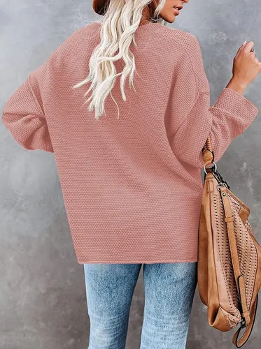 Vista 5 de Pink Queen Suéter de punto con cuello en V para mujer, de gran tamaño, manga larga tipo murciélago, estilo Henley