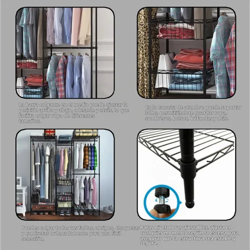 Vista 5 de Xiofio Perchero resistente de 6 niveles con varillas para colgar, estante de metal para ropa, estantes ajustables y 2 cestas de almacenamiento Negro