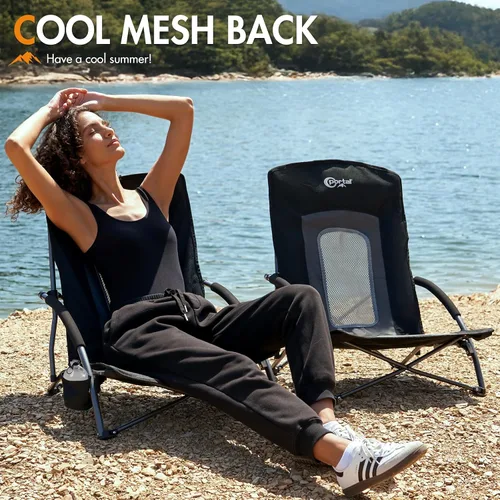 Vista 4 de PORTAL Sillas de Playa para Adultos, Camping, Bajas, Ligeras, Portátiles con Soporte para Tazas, Respaldo de Malla, Bolsa de Transporte para Arena