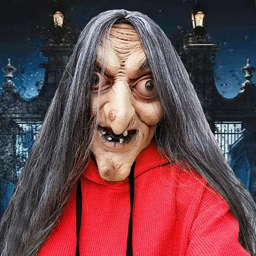 Vista 3 de Máscara de látex humano de cabeza completa para mujer, máscara realista de látex para Halloween, máscara facial de terror para mujeres mayores