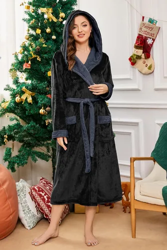 Vista 55 de HEARTNICE Bata de forro polar con capucha para mujer, bata de baño suave para mujer, bonito abrigo largo para casa