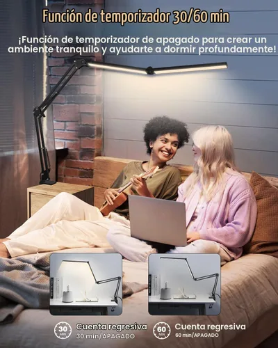 Vista 5 de Toolour Lámparas LED de escritorio para oficina en casa 2 en 1 lámpara de escritorio de doble cabezal con base de abrazadera, control remoto, clip