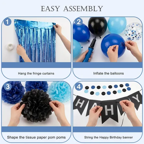 Vista 7 de ANSOMO Decoraciones de Fiesta de Cumpleaños Azul y Negro para Niños Hombres Pancarta Globos Azul Marino Azul Real Azul Claro Pompones Cortina