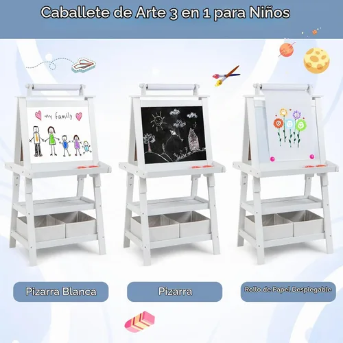 Vista 2 de Costzon Kids Art Easel, 3 in 1 Double-Sided Painting Easel w/Magnetic Whiteboard, Chalkboard & Paper Roll, 2-Tier Storage Rack & 2 Boxes, Standing