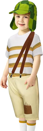 Vista 4 de ZIFUNMUR Disfraz de Chavo Del Ocho para adultos y niños, camiseta a rayas de chespirito, sombrero con correas y pantalones, traje de Halloween