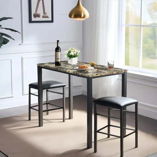 Vista 3 de VECELO Mesa de desayuno de 3 piezas con altura de mostrador de pub con 2 taburetes de bar, juego de comedor para 2, marrón oscuro