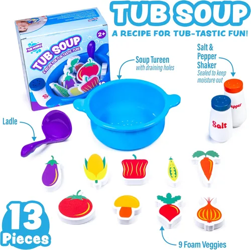 Vista 4 de Tub Works® Tub Soup™ Scoop, Strain & Play - Juguete de baño para niños pequeños Vegetales de espuma flotantes, cucharón para recoger y sopa