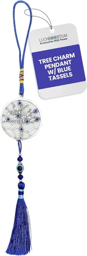 Vista 15 de LUCKBOOSTIUM Amuleto plateado con árbol de la vida con ojo malvado azul y piedra preciosa de cristal, dije para crecimiento, fuerza, protección