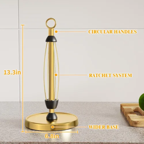 Vista 4 de Toallero de papel dorado para encimera, decoración de accesorios de cocina dorados, lágrima con una sola mano, acero inoxidable, base pesada