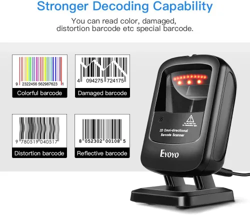 Vista 6 de Eyoyo Escáner de código de barras de escritorio 1D 2D, lector de código de barras con cable USB omnidireccional manos libres, captura códigos