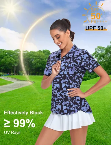 Vista 6 de Tanst Sky Polo de golf para mujer, manga corta, con cremallera de un cuarto, absorbe la humedad