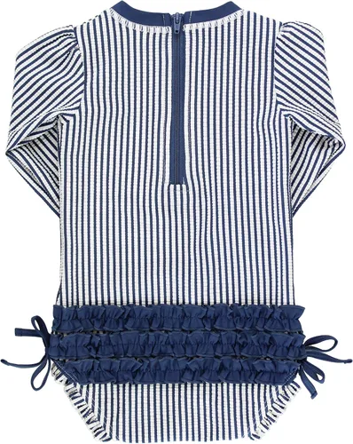 Vista 3 de RuffleButts Azul marino Seersucker Manga Larga Rash Guard One Piece - 2T, Azul