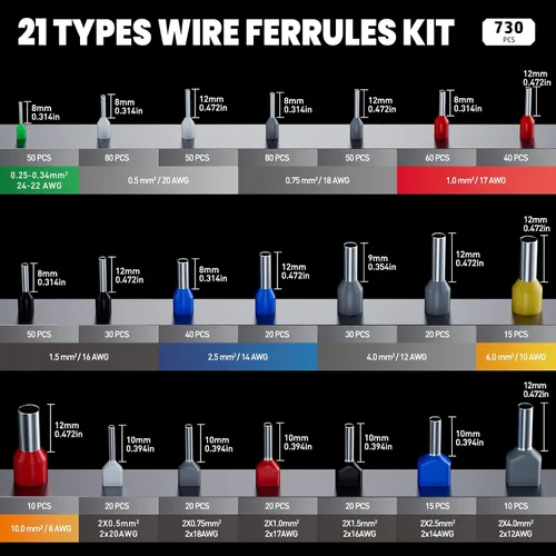 Vista 4 de Kit de herramientas de crimpado de ferrules PEBA, 21 tamaños de terminales de ferrules de alambre y ferrules hexagonales para crimpado AWG28-7