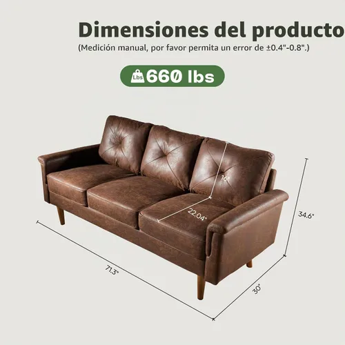 Vista 2 de ovios Sofá de lujo de 3 plazas con piel sintética, moderno sofá de mediados de siglo con cómodos reposabrazos, cómodos sofás con asiento profundo