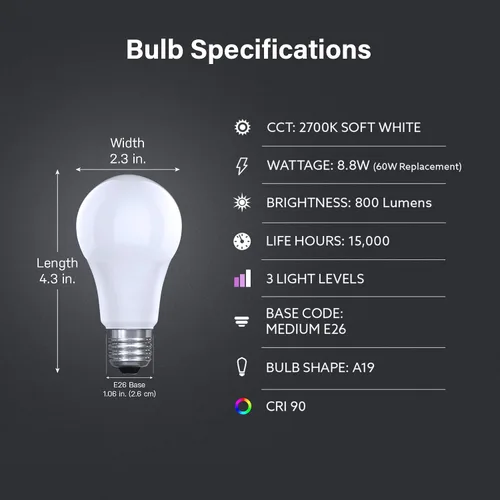 Vista 2 de Feit Electric Bombilla LED A19, interruptor IntelliBulb equivalente a 65 W, base media E26, 800 lúmenes, 2700 K, blanco suave, OM60/3DIMCA/LEDI