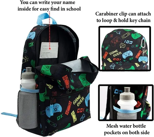 Vista 5 de RALME Juego de mochila para niños, 16 pulgadas, 6 piezas, incluye bolsa de almuerzo plegable, botella de agua, llavero y estuche para lápices