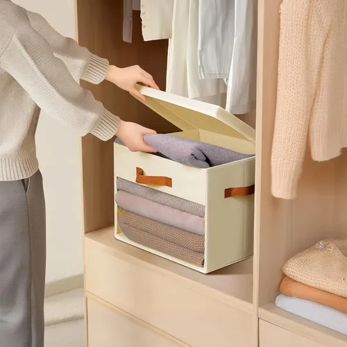 Vista 7 de Homsorout Cajas Grandes de Almacenamiento con Tapas - Paquete de 3 Organizadores Plegables Decorativos con Ventanas Transparentes y Asas
