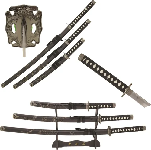 Vista 11 de Snake Eye Tactical Juego de katana samurái de 3 piezas con diseño de dragón de dos tonos