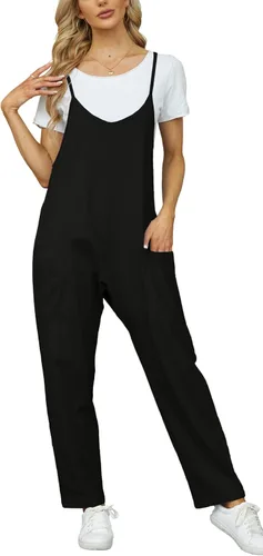 Vista 2 de Enterizo suelto casual con cuello en V para mujer, sin mangas, con tirantes delgados, pantalones largos, overol con tirantes delgados