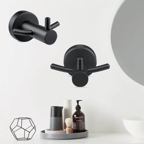 Vista 5 de Paquete de 2 ganchos para toallas montados en la pared de color negro mate para baño, ducha, cocina, armario, puerta de armario, SUS304 de acero