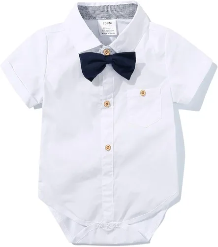 Vista 2 de Conjunto de traje para pequeño bebé caballero, camiseta de manga corta para bebe+babero+pantalones+corbata de moño+ overol.