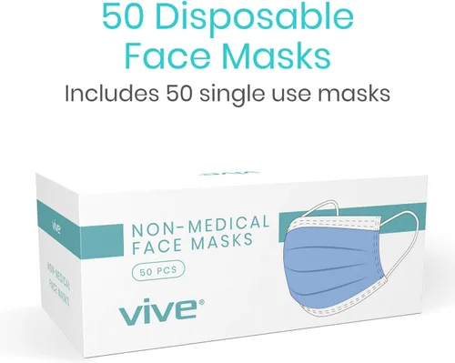 Vista 2 de Vive 50 cubrebocas desechables de 3 capas transpirables para la nariz/boca Cubierta - Máscara azul no tejida con cintas elásticas para las orejas