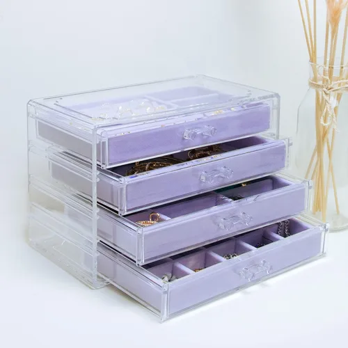 Vista 2 de The TopCherry Organizador de joyas de acrílico con 4 cajones, organizador de aretes, caja de joyería transparente, anillos, collares, pulseras