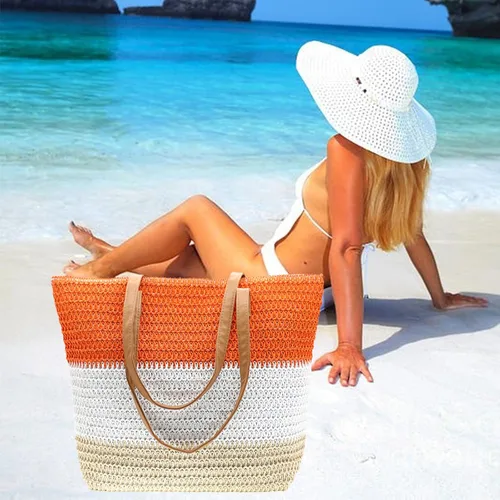 Vista 53 de Bolso grande de paja para mujer, tejido de ratán, bolso de playa de verano, a rayas