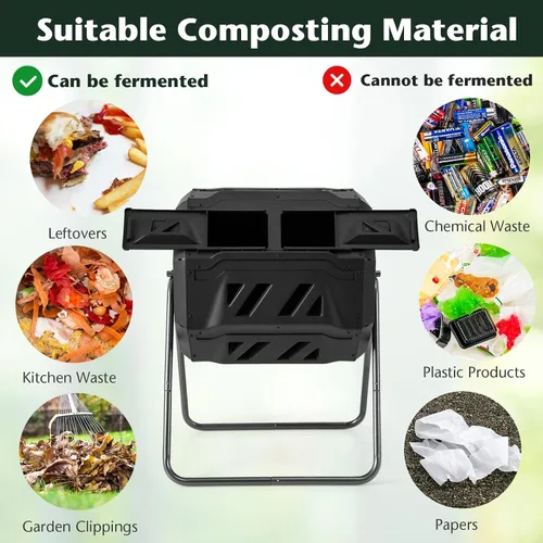 Vista 8 de Goplus Contenedor de compostaje de doble cámara para exteriores de 42 galones con 2 puertas corredizas, marco de metal resistente, compostador Negro
