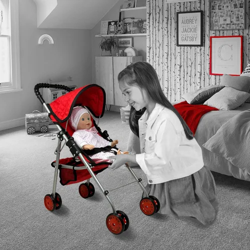 Vista 2 de The New York Doll Collection My First Doll Stroller con Canasta, Cochecito de Muñeca Plegable (Acolchado Rojo)