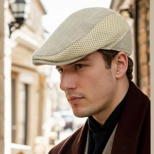Vista 6 de Gorra plana de algodón de lino para hombre Newsboy de verano B31 - Beige