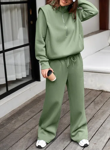 Vista 3 de Aleumdr Conjunto de dos piezas de sudadera con media cremallera para mujer, conjunto a juego con pantalón de pierna ancha aguamarina (Clearly Aqua)