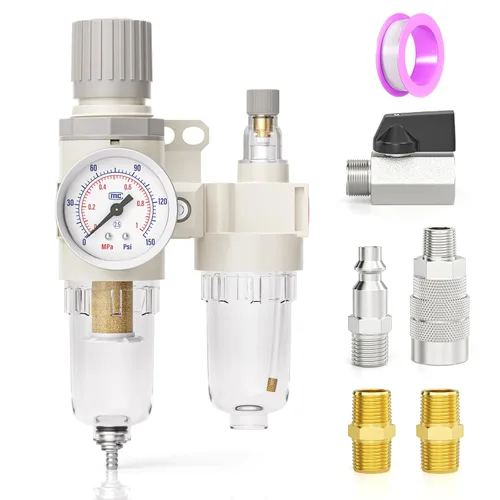 Vista 9 de TAILONZ PNEUMATIC Kit de Regulador de Presión Mini AR2000 de 5 en 1 de 1/4 Pulgada NPT para Sistemas de Aire Comprimido, Ajuste de 0 a 145 Psi Azul