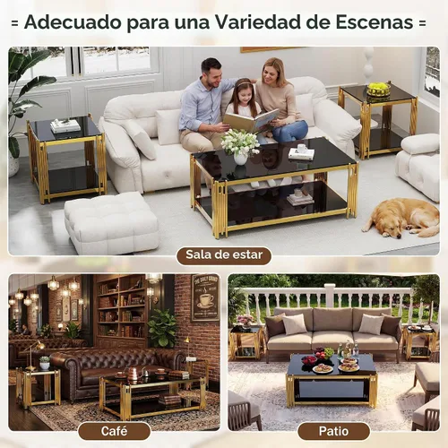 Vista 7 de Mesa de centro de cristal negro de 43 pulgadas, mesa moderna para sala de estar, acero inoxidable dorado, patas de metal, rectangular, de vidrio