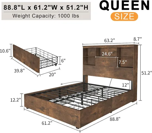 Vista 10 de LUXOAK Marco de cama tamaño Queen con cabecera de estantería LED