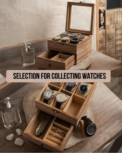 Vista 3 de Caja de reloj, caja de reloj para hombres y mujeres con tapa de vidrio grande, caja de almacenamiento de madera con 2 capas y 6 ranuras, organizador