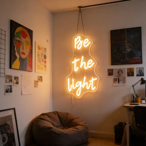 Vista 9 de Letrero de neón con texto en inglés "Be The Light", luces de neón decorativas con citas positivas para decoración de pared de habitación del hogar