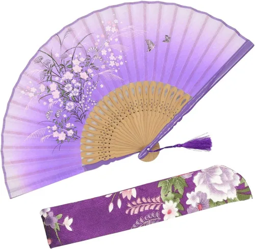 Vista 11 de OMyTea, abanico desplegable con motivo de flores de yuyos (8.27 pulgadas - 21 centímetros) con funda de tela para protección, estilo chino/japonés