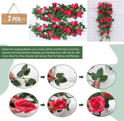 Vista 3 de Flores colgantes artificiales falsas, rosas colgantes, plantas colgantes de vid para porche, pared de alero, hogar, habitación, jardín, oficina