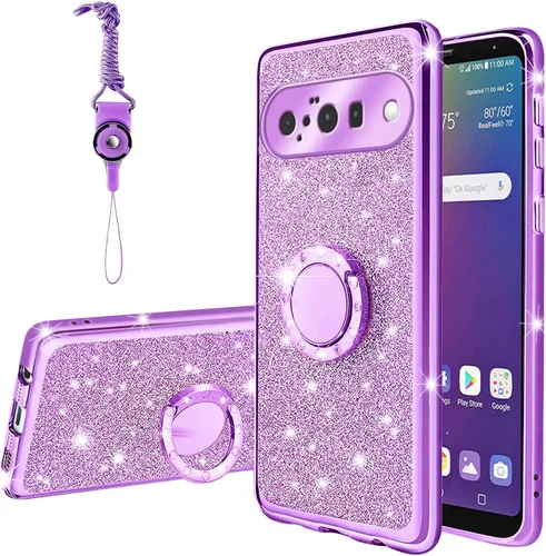 Vista 63 de Funda compatible con Google Pixel 6 Pro para mujer, con purpurina, suave, elegante, transparente, TPU de lujo, bonita funda protectora con correa