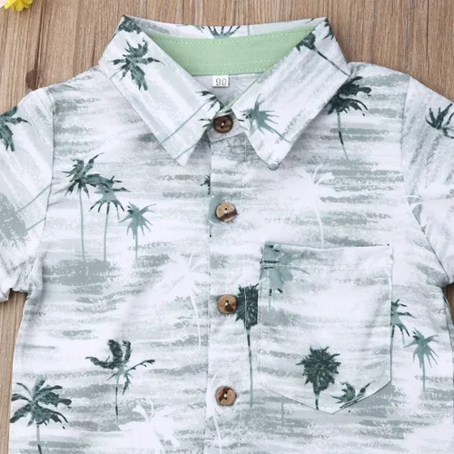 Vista 4 de Conjunto de camisa de manga corta con botones y pantalones cortos casuales con diseño de flamingo, para bebés y niños de 1 a 6 años, atuendos