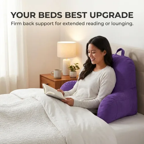 Vista 2 de Almohada con respaldo de microsuede para cama, color negro. La mejor almohada con respaldo para cama con apoya brazos para leer en la cama Morado