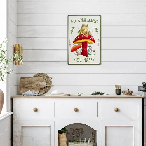 Vista 6 de Divertido letrero de metal con diseño de hongos y rana: bonita decoración de bosque y casa de campo para baño, cocina, dormitorio y hogar, 12 x 8